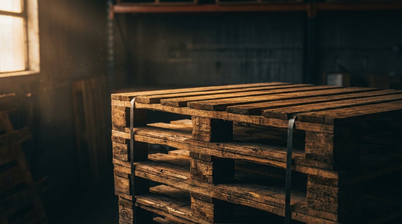 Gestapelde pallets in warm zijlicht