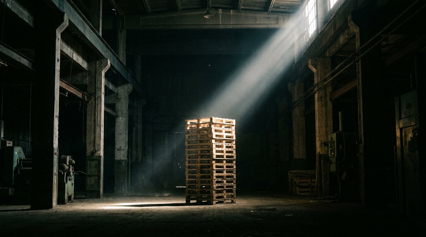 Lichtbundel op gestapelde pallets in het donker