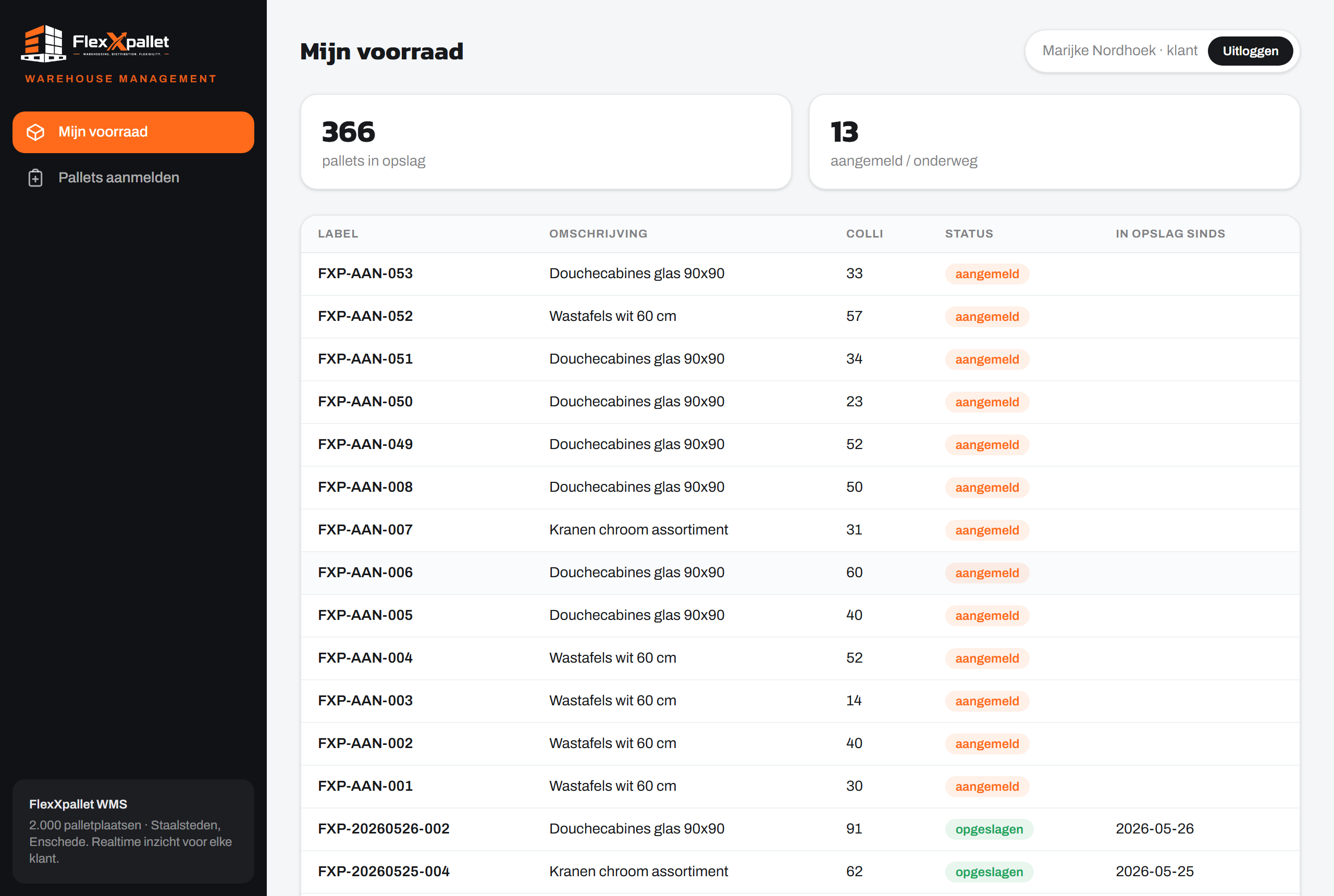 Het FlexXpallet-voorraadportaal met realtime voorraad
